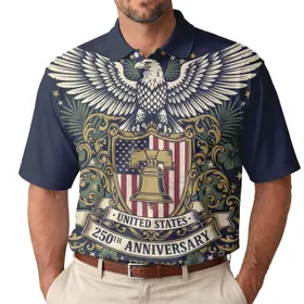 America 250th Eagle Liberty Bell 1776-2026 Gold Scrollwork Patriotic Tropical Men's Polo Shirt (Lightweight)