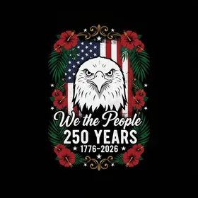 Historic USA 250th Birthday Eagle Flag We the People Tropical Hibiscus Palm Scroll Men's Polo Shirt (Lightweight)