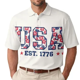 America 250th Commemorative Patriotic Polo Collegiate USA Floral Est. 1776 Stars Men's Polo Shirt (Lightweight)