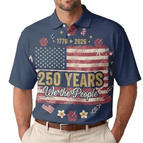 America 250th Anniversary Distressed Flag 1776 2026 We the People Gold Polo Men's Polo Shirt (Lightweight)