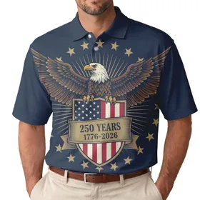 USA 250th Anniversary Eagle Shield Outstretched Wings Flag Motif 1776 Stars Banner Men's Polo Shirt (Lightweight)