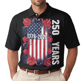 America 250th Birthday Commemoration: Distressed US Flag, 1776-2026, Tropical Hibiscus Men's Polo Shirt (Lightweight)