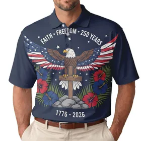 America's 250th Birthday Bald Eagle Flag Cross Faith Freedom 1776-2026 Tropical Hibiscus Men's Polo Shirt (Lightweight)