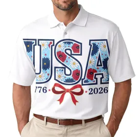 USA 250th Anniversary Patriotic Floral Letters 1776-2026 Tropical Americana Men's Polo Shirt (Lightweight)