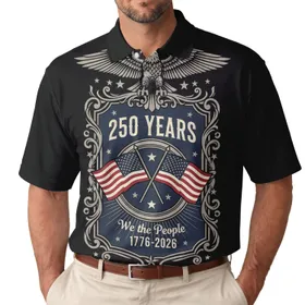 USA 250th Anniversary Bald Eagle Crest We The People 1776 Distressed Flags Men's Polo Shirt (Lightweight)