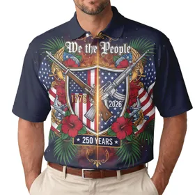 America 250th Shield Musket Rifle Hibiscus Art | We the People 1776-2026 Patriot Legacy Men's Polo Shirt (Lightweight)