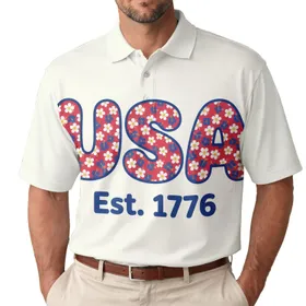 America 250th Est. 1776 Floral USA Crimson Daisy Blue Tropical Cream Design Men's Polo Shirt (Lightweight)