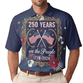 America 250th Anniversary Patriotic Vintage Emblem 'We the People' 1776-2026 Eagle Flags Tropical Men's Polo Shirt (Lightweight)