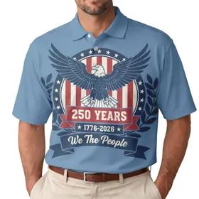 USA 250th Anniversary Bald Eagle Emblem: We The People, 1776-2026, Distressed Stripes Wreaths Men's Polo Shirt (Lightweight)