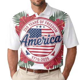 Patriot America 250th Anniversary Freedom Emblem Stars Stripes Hibiscus Palms Men's Polo Shirt (Lightweight)