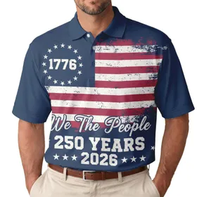 America 250th Anniversary Patriotic Flag Design: Distressed 'We The People' 1776 Stars, Navy Blue Men's Polo Shirt (Lightweight)