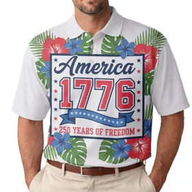 America 250th 1776 Freedom Patriotic Polo Hibiscus Plumeria Palms Men's Polo Shirt (Lightweight)