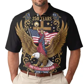 America 250th Anniversary Eagle Lady Liberty Flag Cross Faith Freedom Legacy 1776 Men's Polo Shirt (Lightweight)