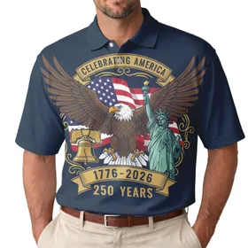 USA 250th Birthday Eagle Flag Statue Liberty Bell 1776-2026 Patriotic Navy Men's Polo Shirt (Lightweight)