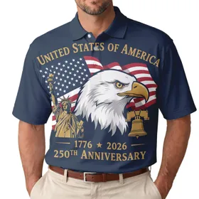 USA 250th Anniversary Eagle Flag Liberty Bell Statue 1776-2026 Commemorative Men's Polo Shirt (Lightweight)