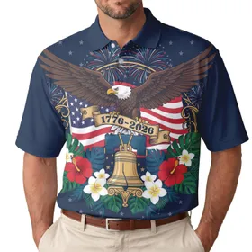 America 250th Eagle Liberty Bell 1776 Scroll Polo Flag Tropical Fireworks Gold Men's Polo Shirt (Lightweight)