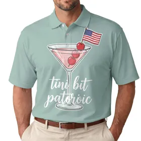 America 250th Birthday Martini Glass Flag 'tini bit patriotic' Script Seafoam Men's Polo Shirt (Lightweight)