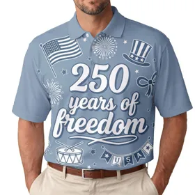 America 250th Anniversary: '250 Years Freedom' Patriotic Polo Denim Blue Icons Men's Polo Shirt (Lightweight)