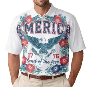 America 250th Anniversary Eagle 1776 Land of the Free Collegiate Tropical Hibiscus Men's Polo Shirt (Lightweight)