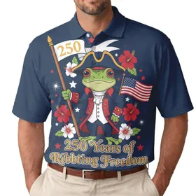 America 250th Anniversary: Colonial Frog, Tricorne Hat, Patriotic Hibiscus & Flag Men's Polo Shirt (Lightweight)