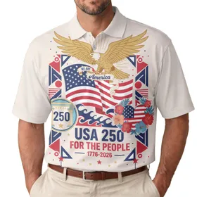 America 250th Birthday Golden Eagle Flag - USA 1776 Pillars Tropical Patriotic Men's Polo Shirt (Lightweight)
