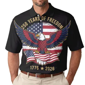 America 250th Birthday Eagle Flag 1776-2026 Tropical Patriotic Freedom Emblem Men's Polo Shirt (Lightweight)