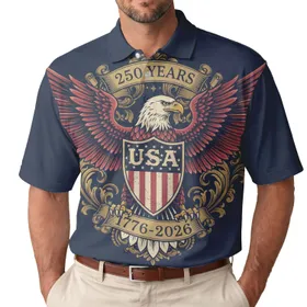 USA 250th Anniversary Eagle Vintage Flag Shield Gold Scrollwork 1776-2026 Men's Polo Shirt (Lightweight)
