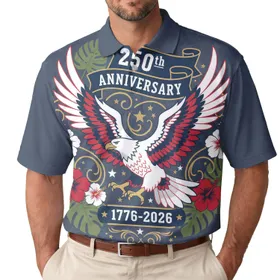 America 250th Eagle: Patriotic Polo Hibiscus 1776-2026 Navy Crimson Gold Stars Men's Polo Shirt (Lightweight)