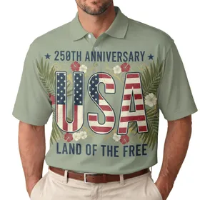 USA 250th Anniversary Distressed Flag USA Land Of Free Palm Hibiscus Sage Green Men's Polo Shirt (Lightweight)
