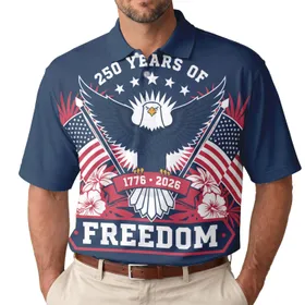 Patriotic USA 250th Anniversary Bald Eagle 1776 2026 Freedom Arching Stars Flags Emblem Men's Polo Shirt (Lightweight)