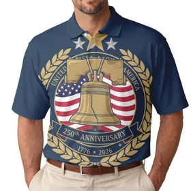 America 250th Anniversary Liberty Bell American Flag Laurel Wreath Tropical Americana Men's Polo Shirt (Lightweight)