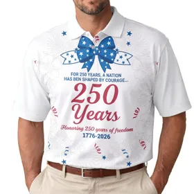 USA 250th Anniversary: Patriotic '250 Years' Polo Palm Hibiscus Star Ribbon Men's Polo Shirt (Lightweight)