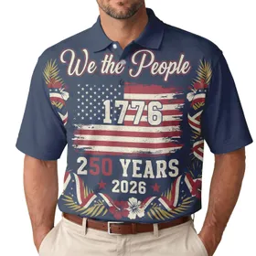 Patriotic 250th Anniversary 1776 'We the People' Flag Hibiscus Design Men's Polo Shirt (Lightweight)