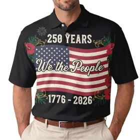 America 250th Anniversary Distressed Flag 'We the People' Tropical Hibiscus 1776-2026 Men's Polo Shirt (Lightweight)