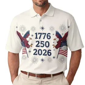 America 250th Anniversary 1776 Eagles Flag Tropical Fireworks Design Navy Red White Men's Polo Shirt (Lightweight)