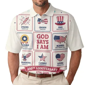 USA 250th Birthday Patriotic Affirmation Grid: Flag, Eagle, Uncle Sam Emblems Men's Polo Shirt (Lightweight)