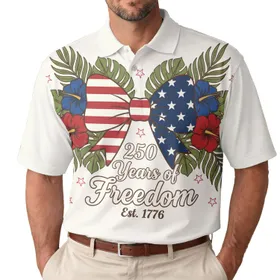 America 250th Celebration: Americana Bow, Est. 1776 Freedom Script, Tropical Foliage Men's Polo Shirt (Lightweight)