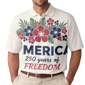 USA 250th Birthday: Polo Floral Freedom 'AMERICA' Script Red White Blue Est 1776 Men's Polo Shirt (Lightweight)