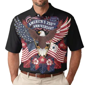 America's 250th Anniversary Patriotic Eagle: Flag Wings, 50-Star & Betsy Ross Flags Men's Polo Shirt (Lightweight)