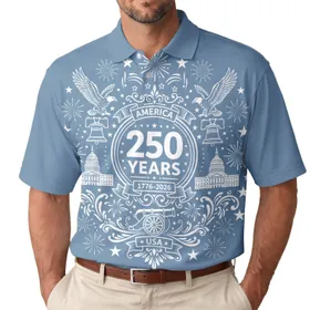 USA 250th Birthday Patriotic Polo Liberty Bell Eagle Independence Hall Men's Polo Shirt (Lightweight)