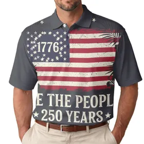 Patriotic America 250th Distressed Flag 1776 We The People Tropical Charcoal Men's Polo Shirt (Lightweight)