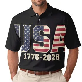 America's 250th Anniversary USA Distressed Flag 1776-2026 Grunge Americana Design Men's Polo Shirt (Lightweight)