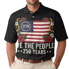 USA 250th Anniversary Distressed Flag WE THE PEOPLE 1776 Polo Hibiscus Scroll Men's Polo Shirt (Lightweight)