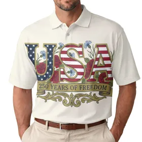 America 250th Anniversary: Patriotic Vintage USA Floral Freedom Banner Scrollwork Men's Polo Shirt (Lightweight)