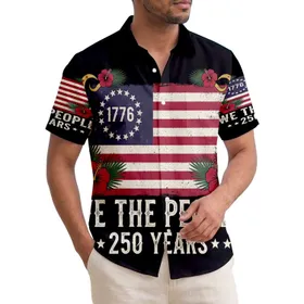 USA 250th Anniversary Distressed Flag WE THE PEOPLE 1776 Hawaiian Hibiscus Scroll Short-sleeve Hawaiian Shirt