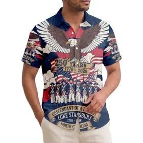 Patriot Descendant America 250th Eagle Revolution Soldiers 1776-2026 Navy Red White Short-sleeve Hawaiian Shirt
