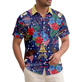 America 250th Patriotic Hawaiian Pattern Eagles Flags Liberty Bell Floral Short-sleeve Hawaiian Shirt