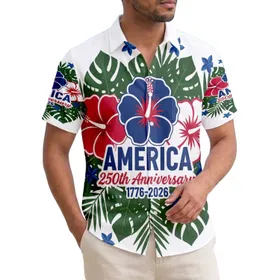 America 250th Anniversary Patriotic Tropical Flowers 1776-2026 Red White Blue Short-sleeve Hawaiian Shirt
