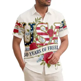 America 250th Birthday USA Flag Letters Red Rose Tropical Scrollwork Ivory Design Short-sleeve Hawaiian Shirt