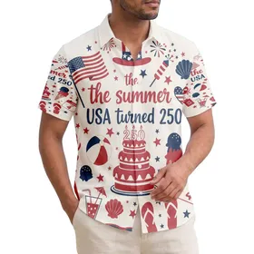 America 250th Birthday Flag Heart Cake Tropical Icons July 1776 Commemorative Short-sleeve Hawaiian Shirt